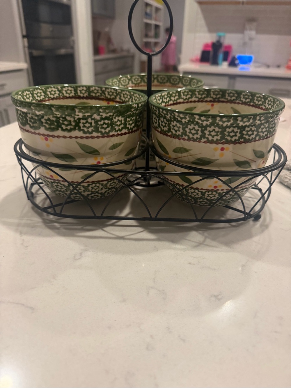 Temp-Tations Green Floral Stoneware Bowl Set with Black Wire Carrier